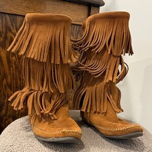 Minnetonka Layered Fringe Suede Heeled Boots - Cognac Brown